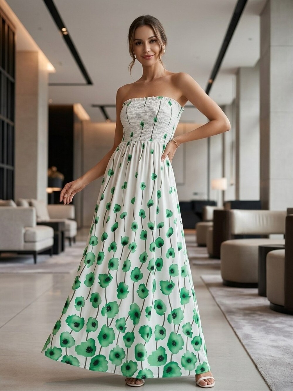 Vintage Style Green Floral Smocked Maxi Dress - Size M
